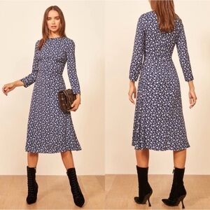 REFORMATION | Blue floral tea length 3/4 sleeve dress | Sz 8